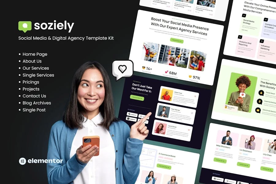 Soziely | Template Kit Elementor para Agencia redes sociales y marketing digital