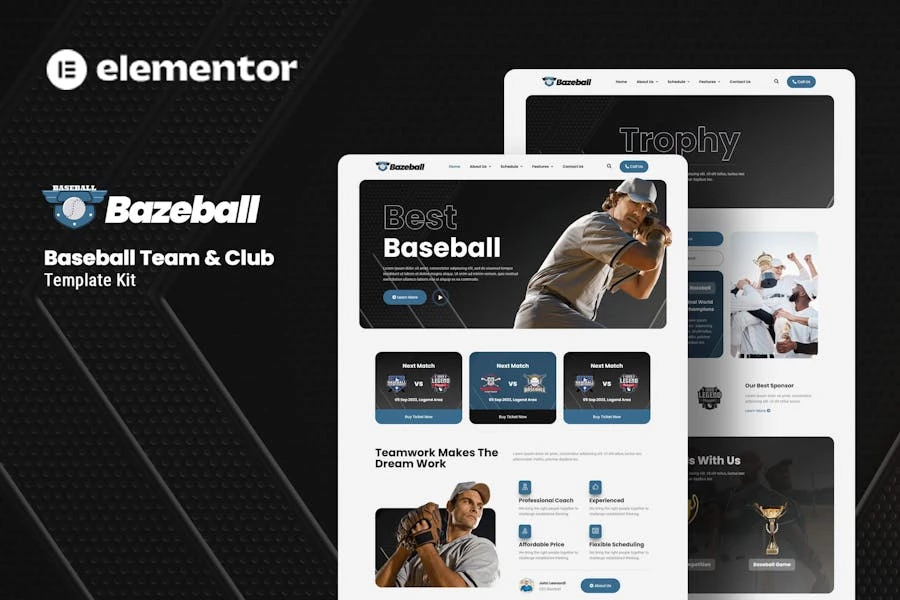 Bazeball – Kit de plantillas Elementor para equipos deportivos