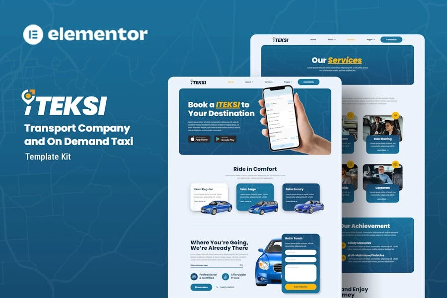Iteksi – Kit de plantillas Elementor para empresas de transporte y aplicaciones de taxi