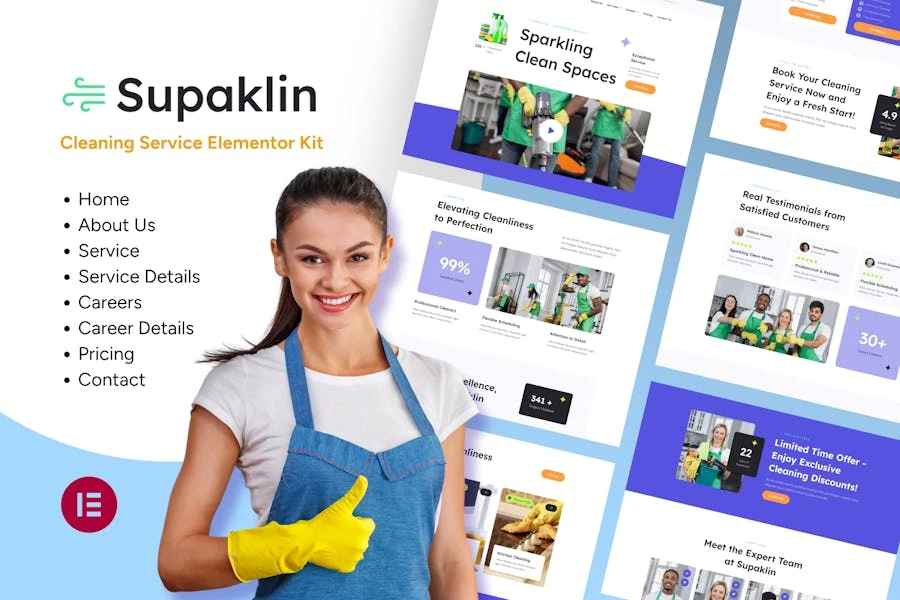 Supklin – Kit de plantillas Elementor para empresas de servicios de limpieza