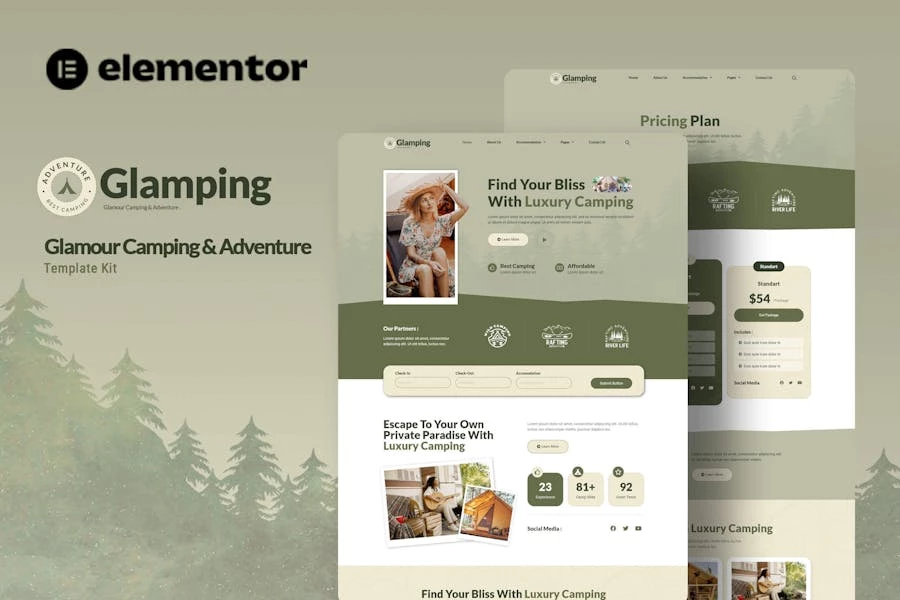 Glamping – Kit de plantillas Elementor para acampar y aventuras de Glamping