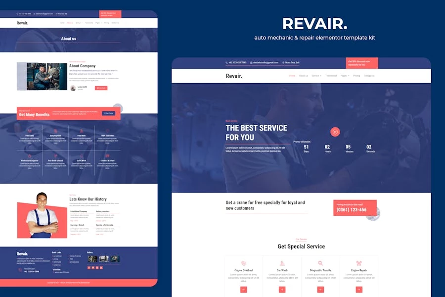 Revair – Kit de plantillas Elementor de mecánica y reparación de automóviles