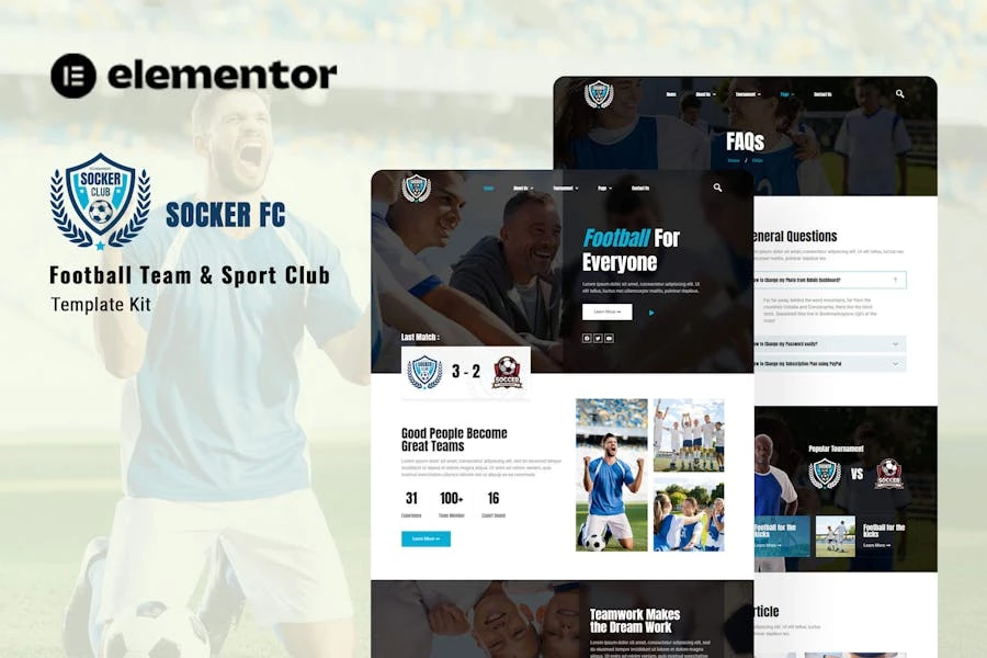 Socker – Template Kit Elementor para equipos de fútbol y clubes deportivos