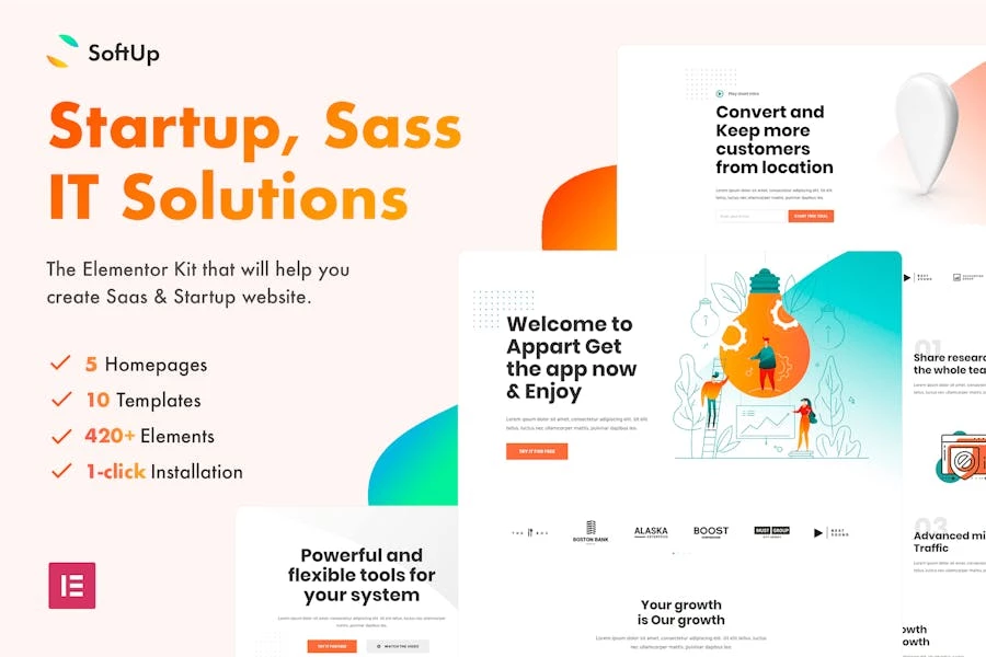 SoftUp – Template Kit de Elementor para Saas y Startup