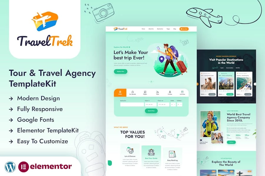 Travel Trek – Template Kit Elementor para Agencia de viajes y viajes