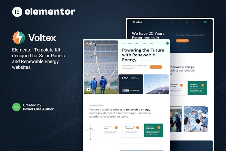 Voltex — Kit de plantillas Elementor para empresas de paneles solares y energía renovable